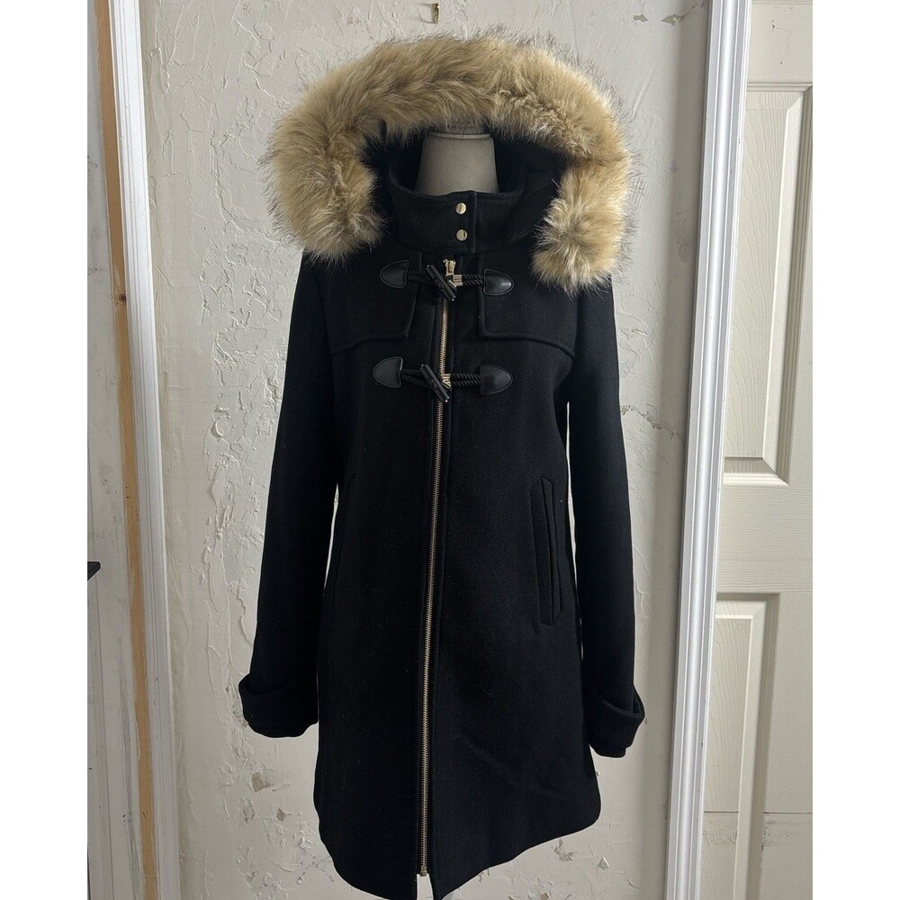 MNG Timeless XS Black Duffle Coat w/ Fur Trim Hood – Cozy Winter Wool BLEND